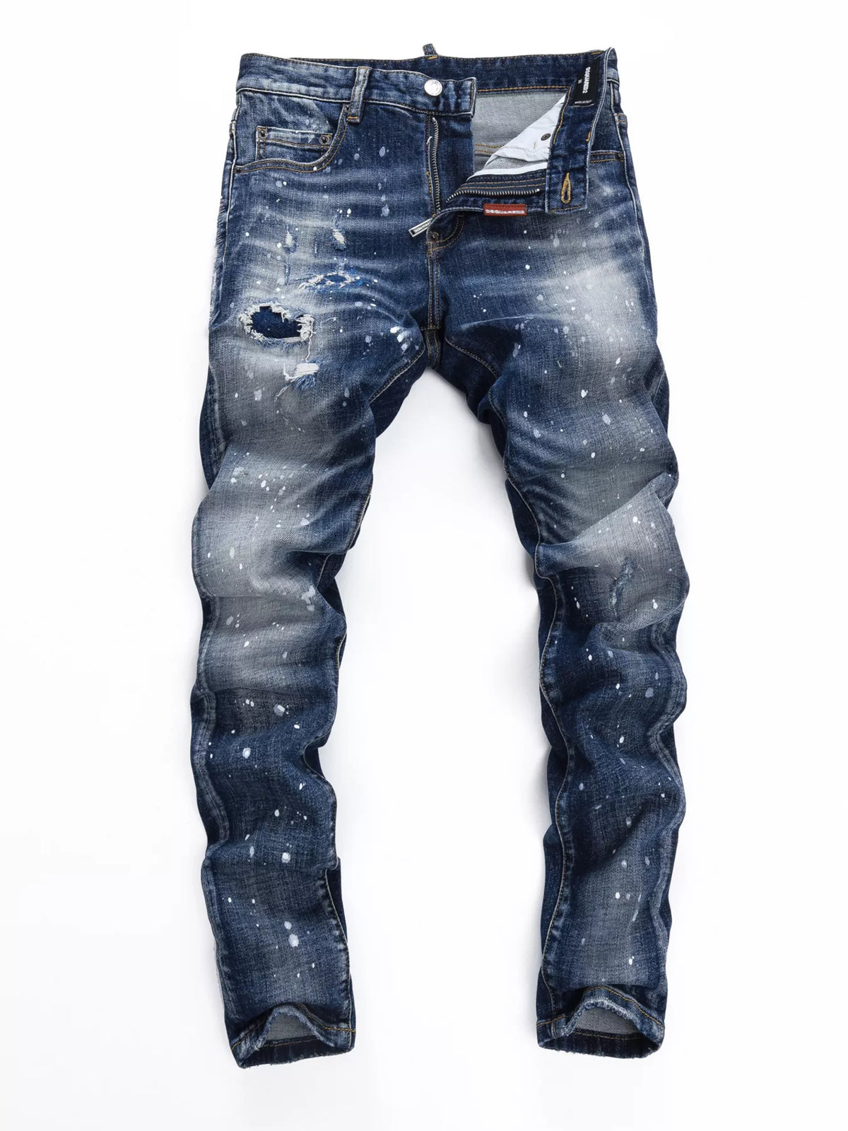 Forge distressed jeans front view with paint splatter